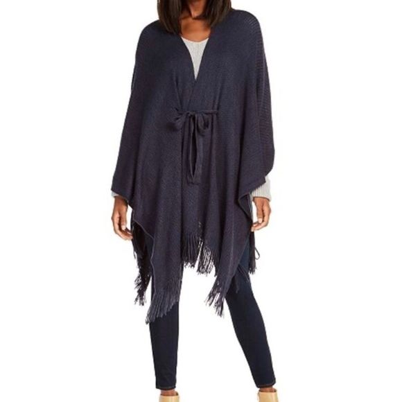 Grey Knit Belt Tie Waist Wrap Poncho Cardigan OSFM - Picture 6 of 12